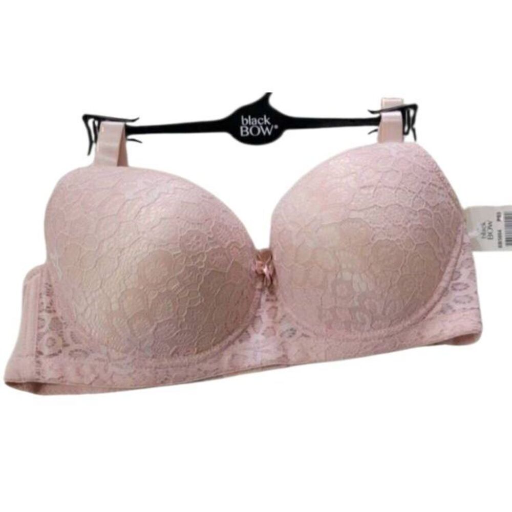 Black Bow Soft Pink Underwire Lightly Padded Lace Bra Sz 38C New